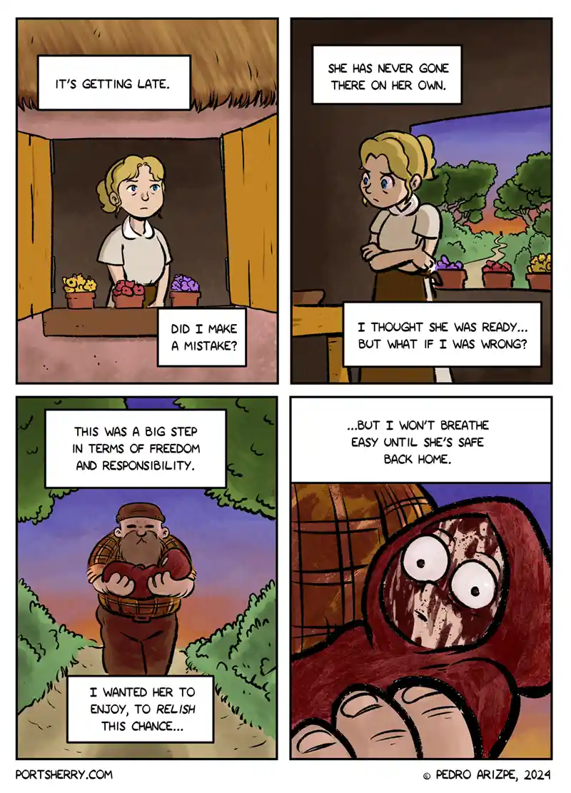 A four-panel comic strip shows a woman worried about her daughter's safety as she ventures out alone for the first time. The…