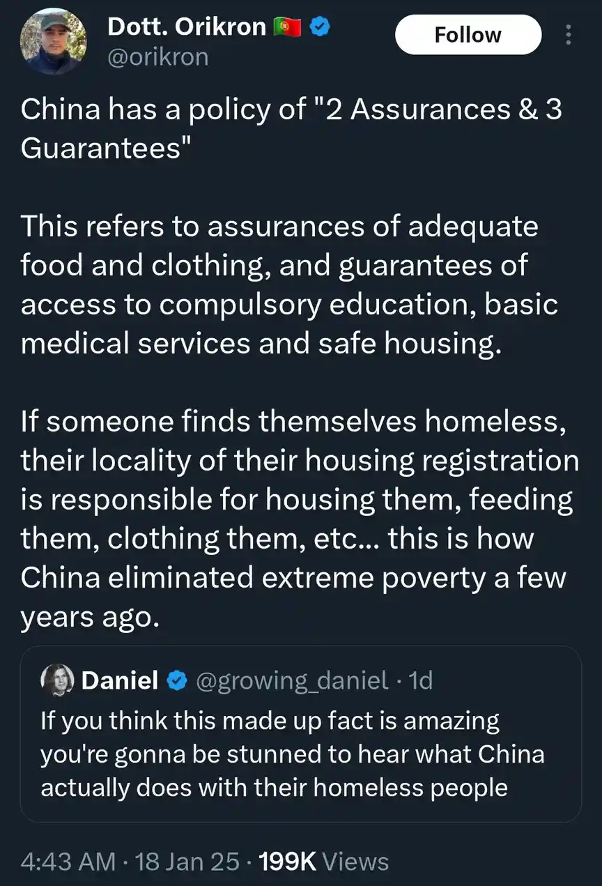 A screenshot of a Twitter thread where a user named Dott. Orikron claims China has a policy of '2 Assurances & 3 Guarantees'…