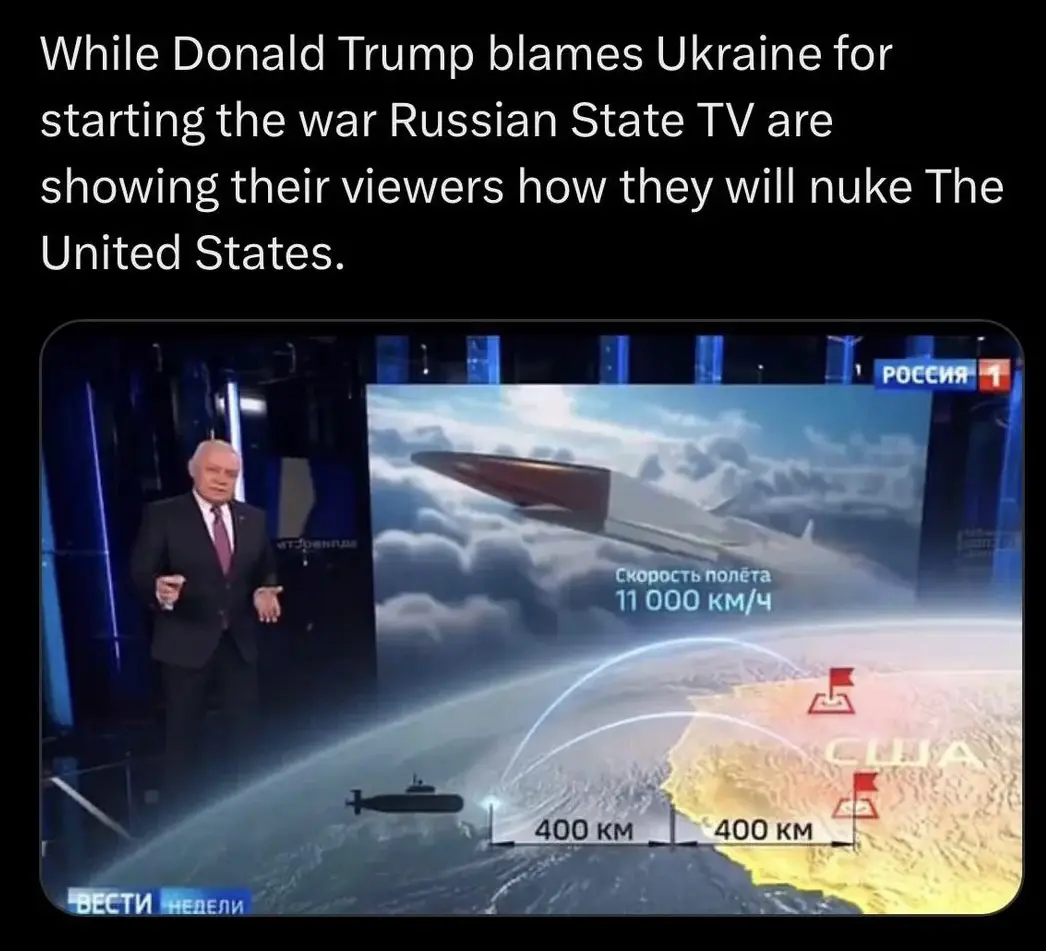 A Russian state TV news broadcast shows a missile launch animation targeting the USA, with a speed indicator of 11,000 km/h…