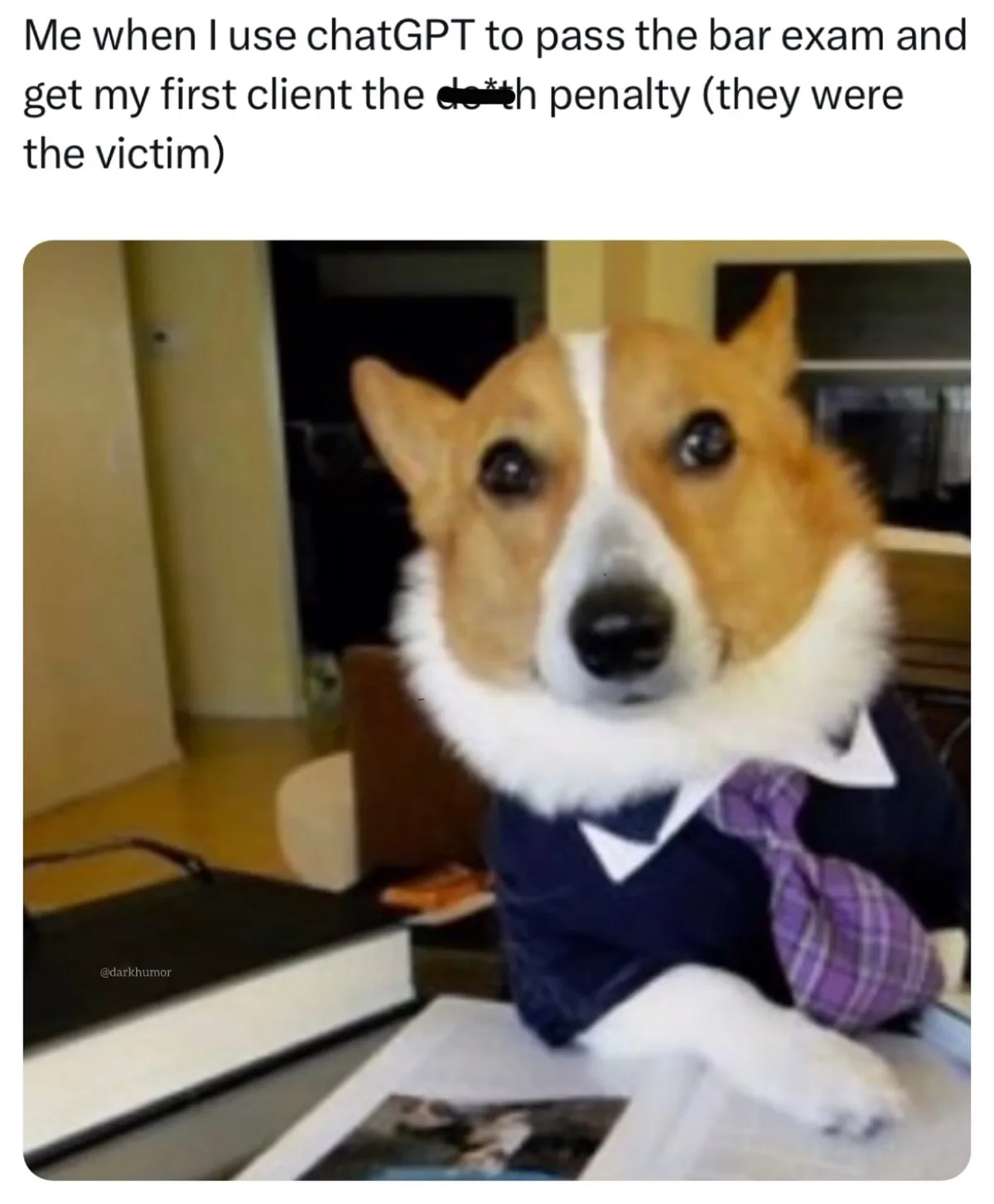 A corgi dog wearing a dark blue suit, white collar, and purple plaid tie sits at a desk with books and papers, looking…