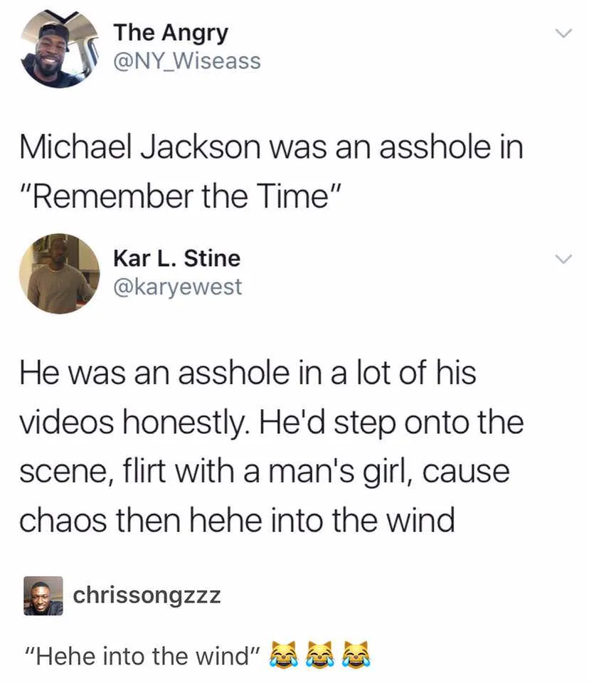 A screenshot of a Twitter thread shows user 'The Angry' claiming Michael Jackson was an asshole in 'Remember the Time'. User…