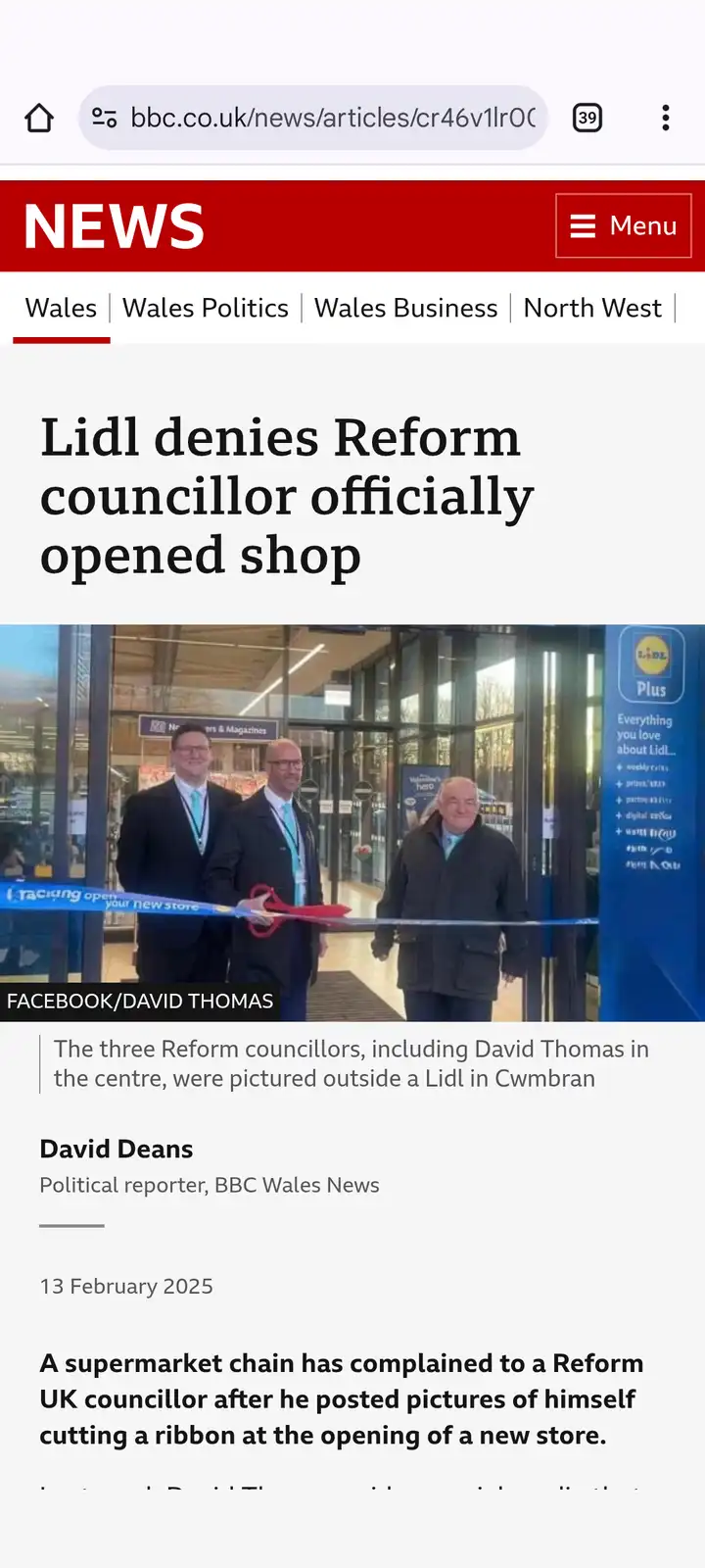 A screenshot of a BBC News article shows three men, including a Reform UK councillor, cutting a blue ribbon outside a Lidl…