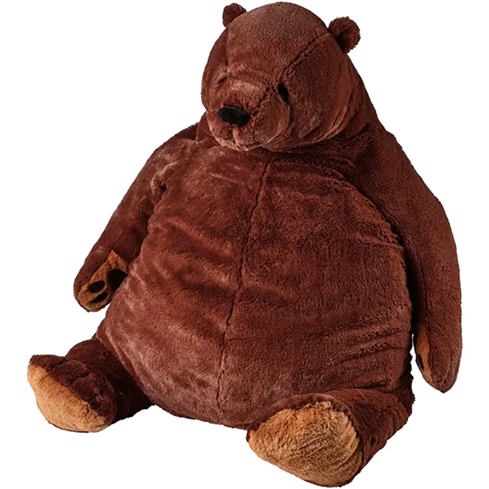 A large, brown, plush teddy bear sits upright with a very round, overstuffed belly, its limbs slightly splayed. The bear has…