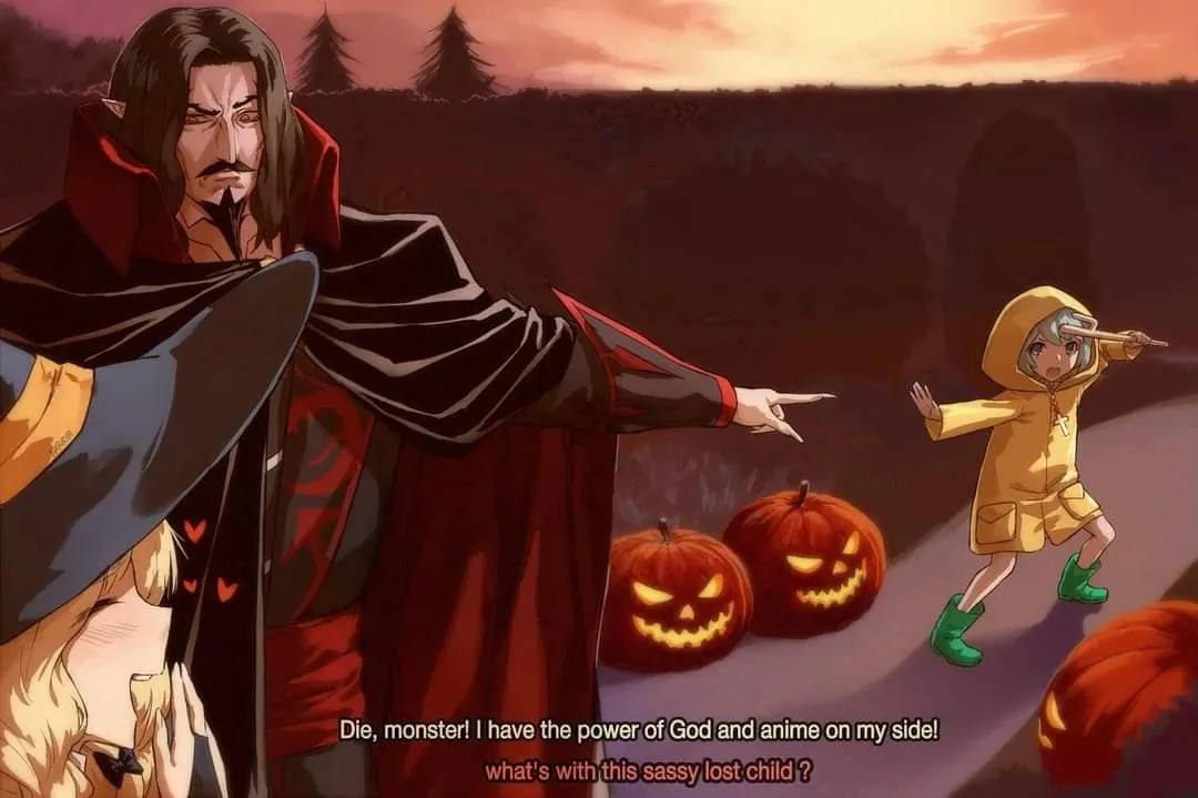 An anime scene shows a stern, dark-robed vampire-like man pointing angrily at a small child in a yellow raincoat holding a…