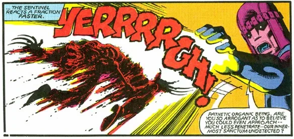 A comic book panel shows a purple-skinned villain with a yellow-gloved hand reaching toward a red, monstrous, disintegrating…