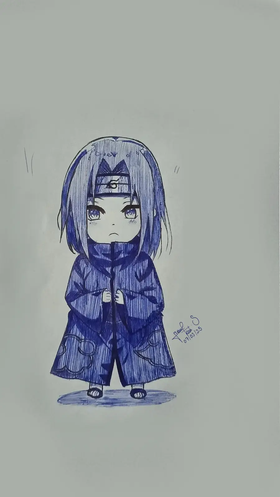 A blue ink drawing of a chibi-style anime character with short silver hair, wearing a blue cloak with cloud patterns and a…