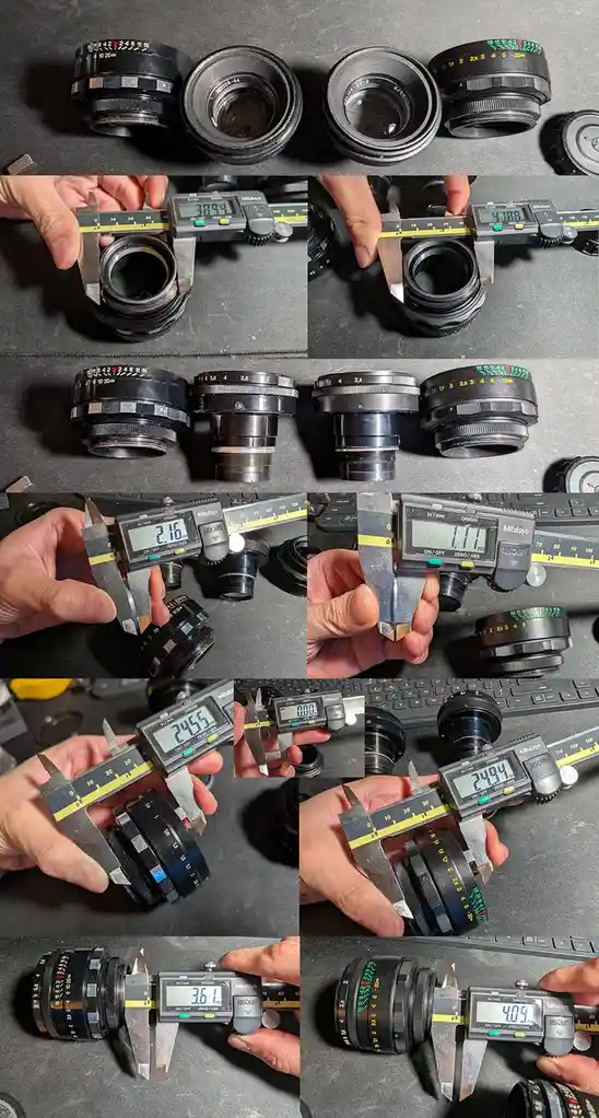 A collage of nine photos shows a person using a digital caliper to measure various dimensions of different camera lenses…