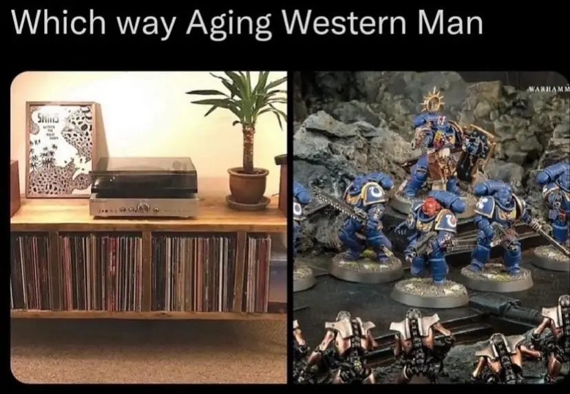The image is split into two panels. The left panel shows a wooden shelf with a vintage record player and many vinyl records…