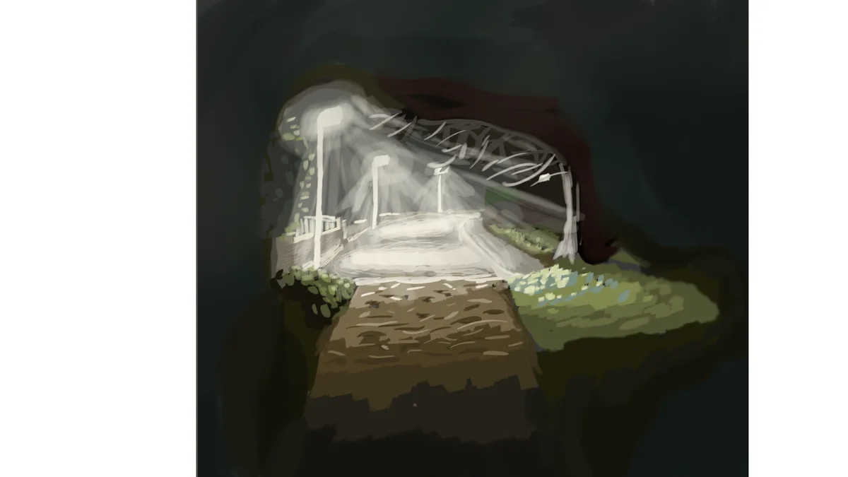 A dark, blurry digital painting shows a path leading toward a brightly lit area with streetlights, while a large, shadowy…