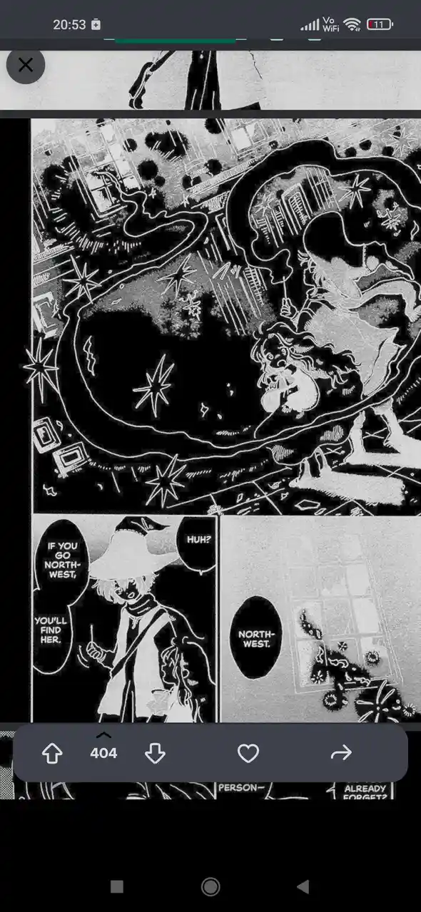 A black-and-white manga panel shows a character giving directions: 'If you go north-west, you'll find her.' Another…