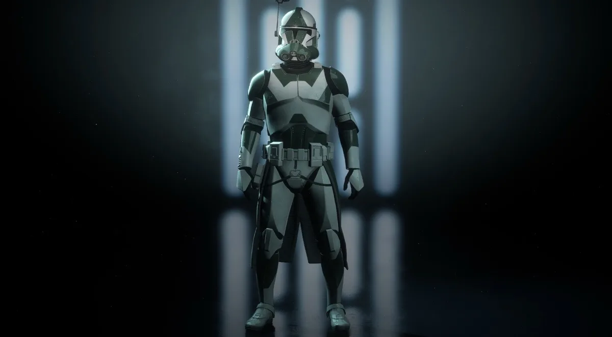 A clone trooper in green and white armor stands in a dark room with vertical light beams behind him. The text overlaid on…