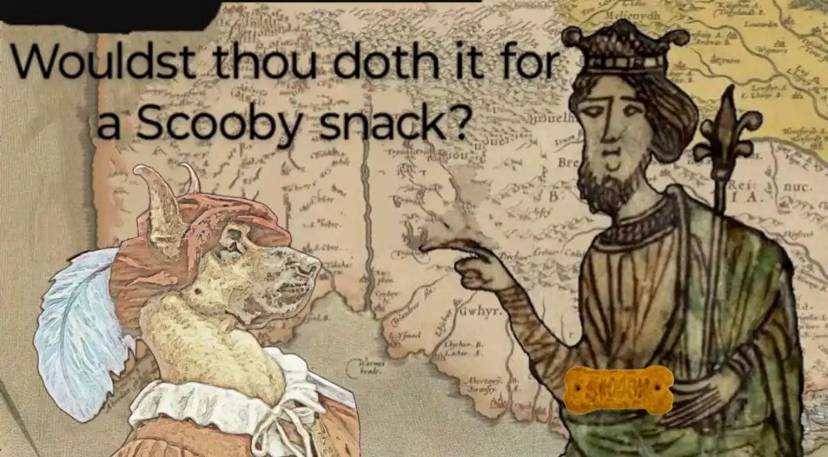 An image features a medieval-style illustration of a crowned king pointing at a dog dressed in a red hat and white ruffled…