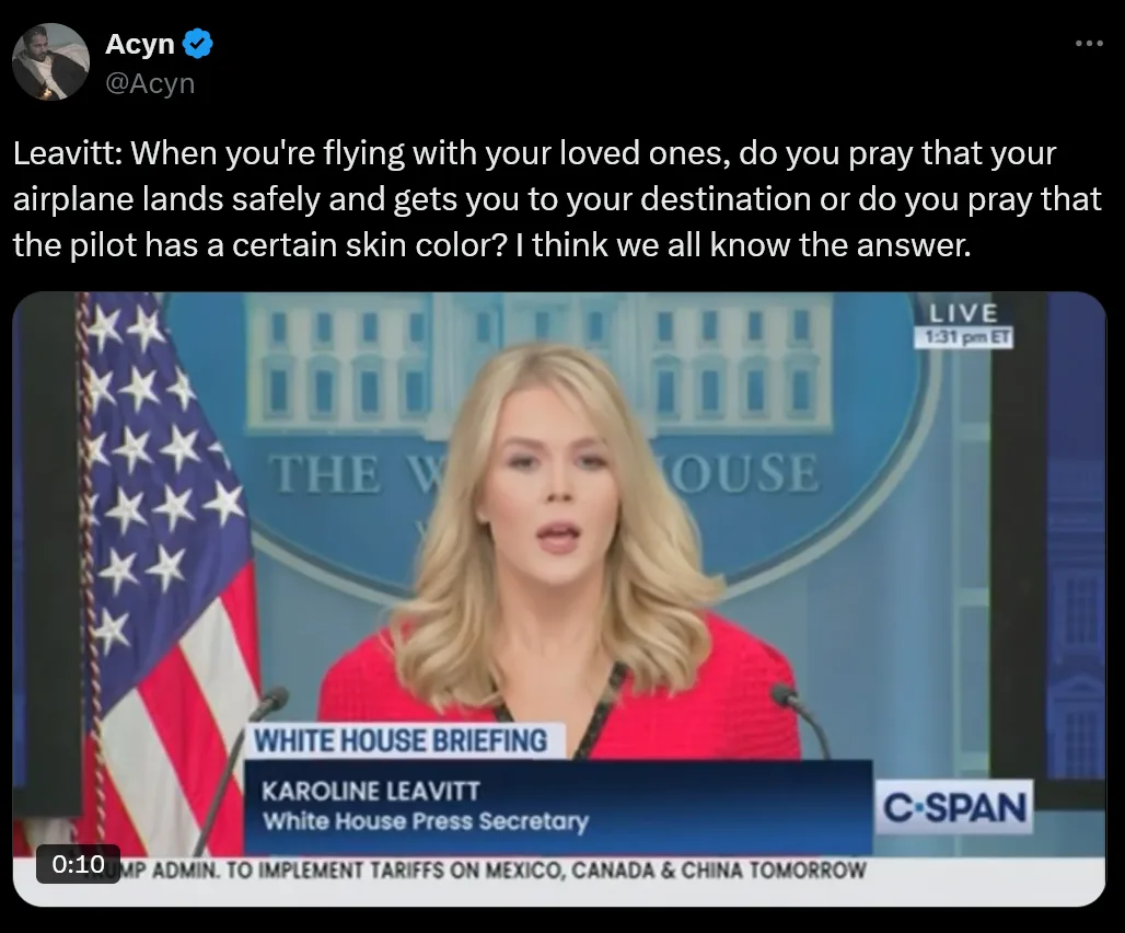 A screenshot from a C-SPAN broadcast shows White House Press Secretary Karoline Leavitt speaking at a White House briefing…