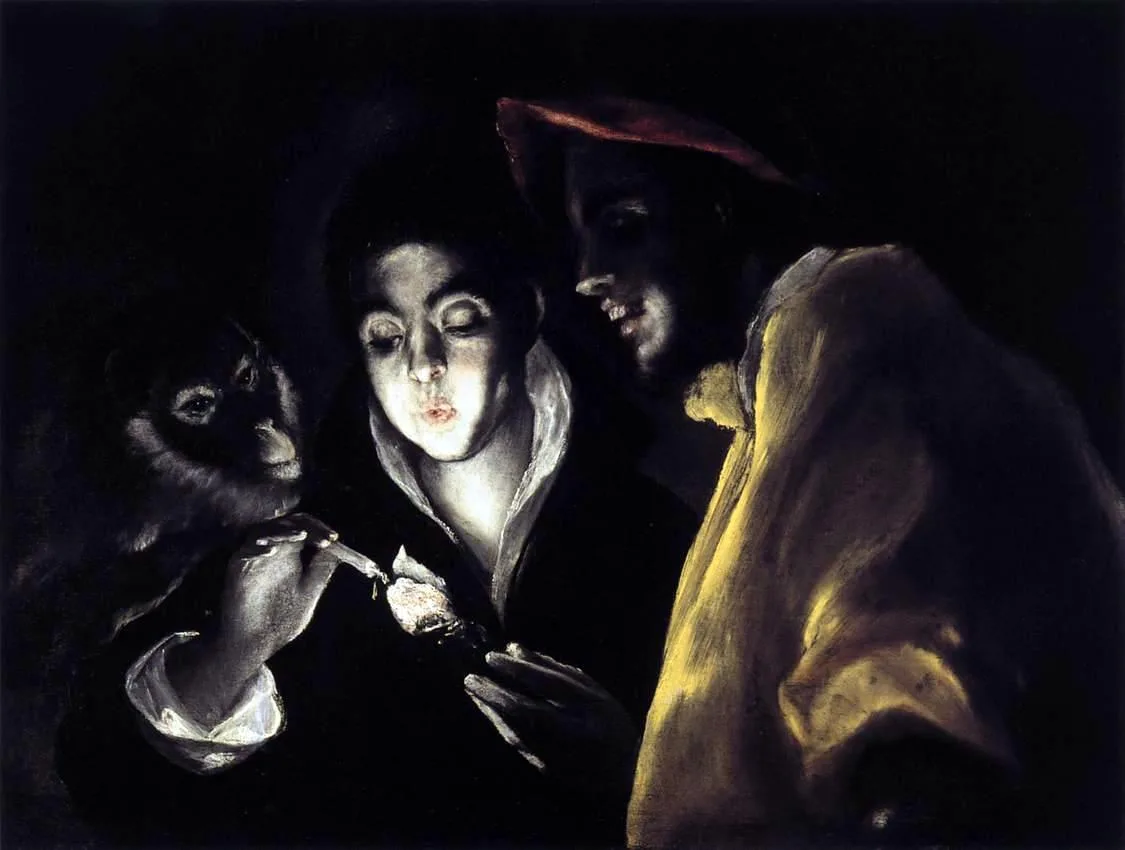 a dark, dramatic painting shows a monkey on the left holding a piece of food, a woman in the center with her eyes closed and…