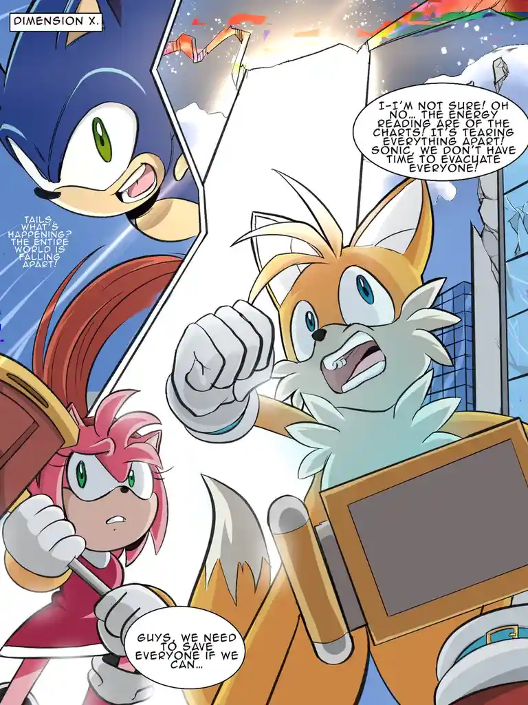 A comic panel from 'Dimension X' shows Sonic, Tails, and Amy in a chaotic scene as Tails panics about energy readings…