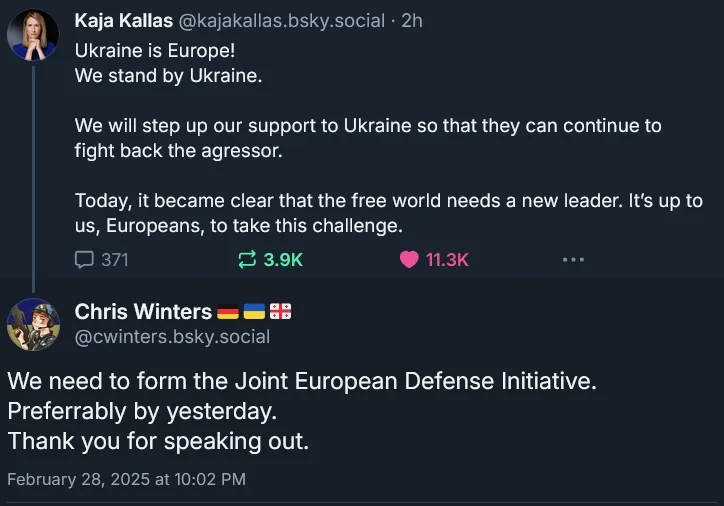 A screenshot of a Bluesky social media thread shows a post by Kaja Kallas declaring Ukraine is Europe and pledging support…