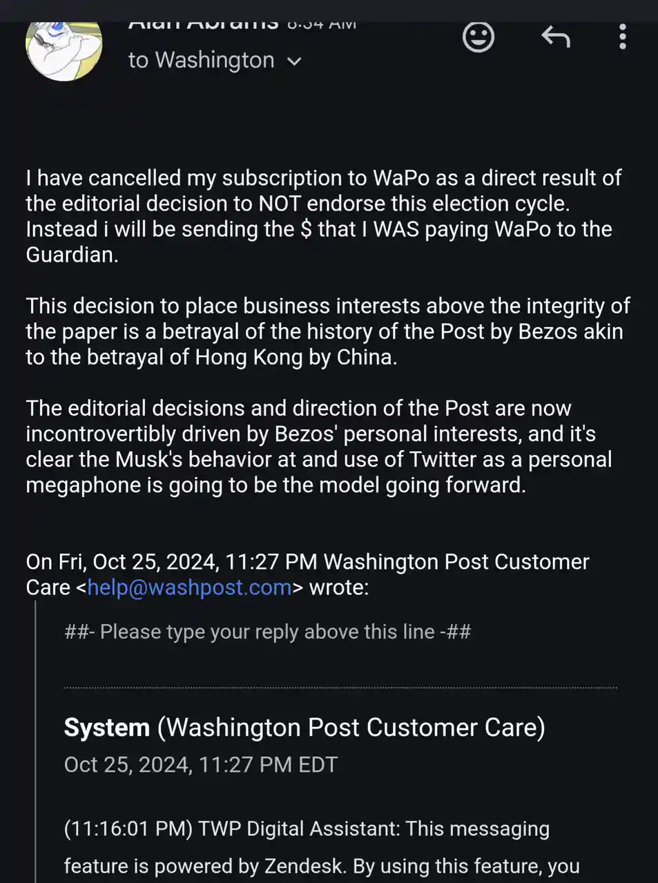 A screenshot of a dark-themed messaging app conversation where a user named 'Alan Abrams' sends a highly emotional and…