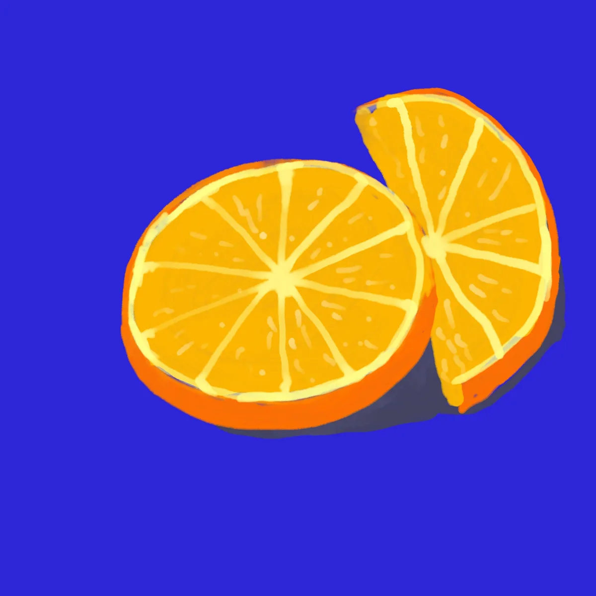 A stylized illustration shows a bright orange sliced in half with one wedge separated, set against a solid royal blue…