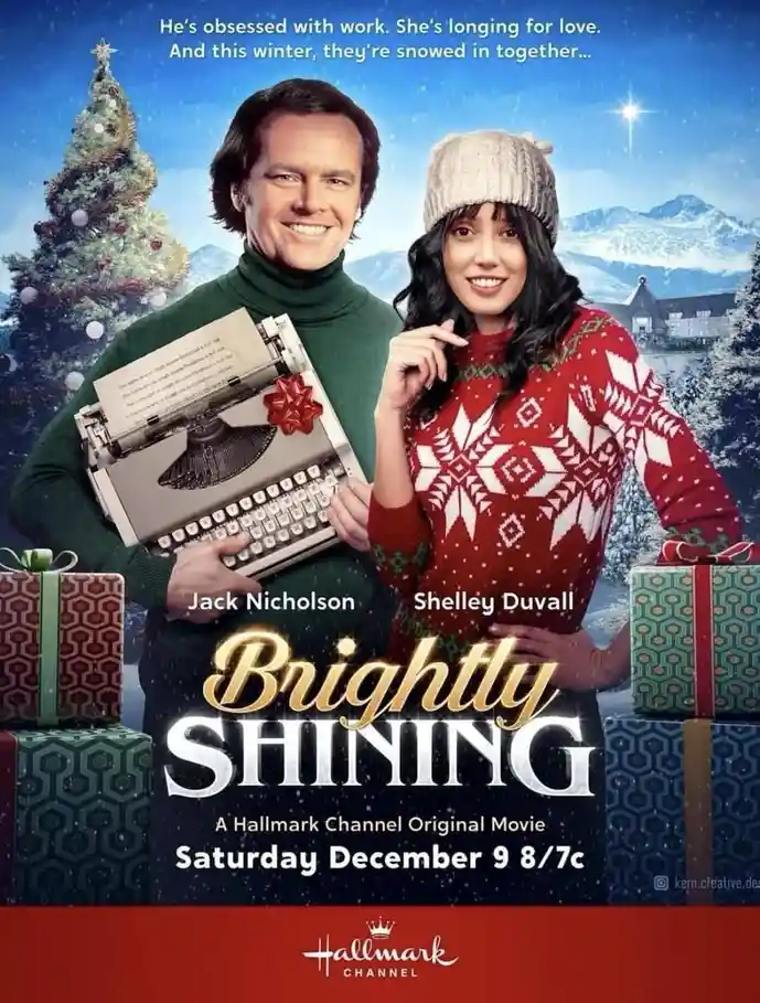 A Christmas movie poster parody featuring Jack Nicholson and Shelley Duvall in festive winter attire, with Nicholson holding…