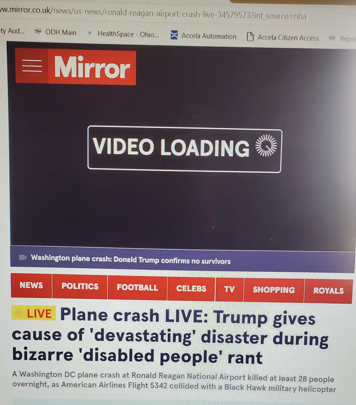 A screenshot of a Mirror.co.uk news webpage shows a 'VIDEO LOADING' placeholder over a headline falsely reporting a…