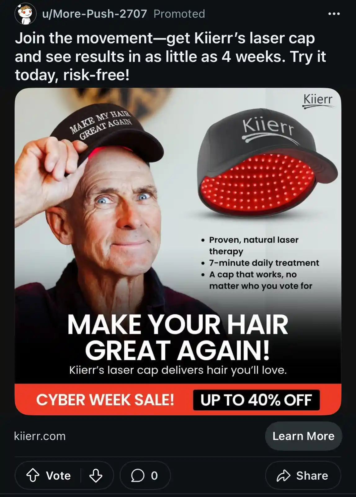 An advertisement for a hair growth laser cap called 'Kiierr' shows a bald man wearing the cap, which has red LED lights. The…