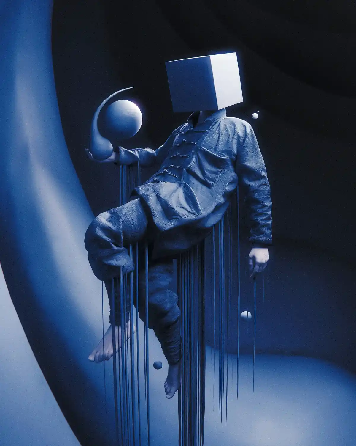 A surreal, blue-toned image shows a humanoid figure with a glowing cube for a head, wearing traditional Chinese-style…