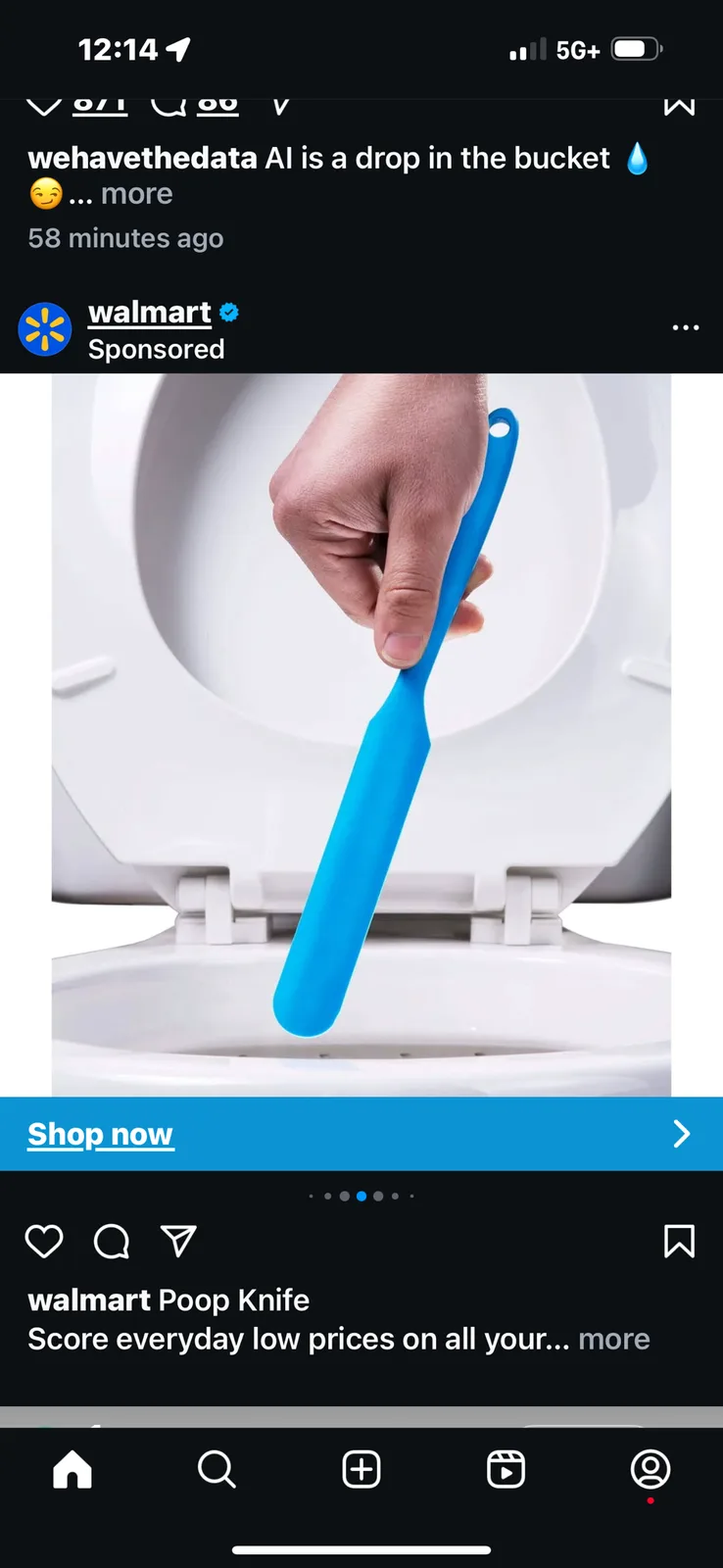 A screenshot of a Walmart-sponsored Instagram ad showing a hand holding a blue plastic tool over a toilet bowl, with the…