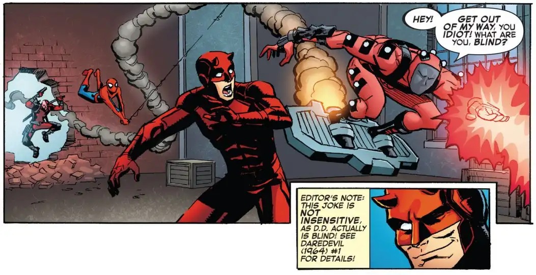 A comic panel shows Daredevil yelling at Deadpool, who is firing a weapon. Deadpool is mid-air, and Daredevil is in front of…