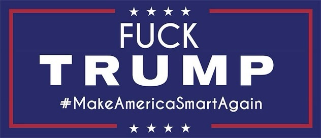 A blue political-style banner with red borders and white stars, featuring the bold text 'FUCK TRUMP' above the hashtag…