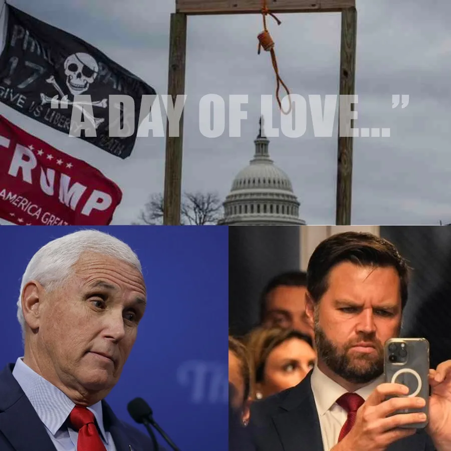 The top half shows a wooden gallows with a noose against the U.S. Capitol building, with a 'Proud Boys' flag and a 'Trump…