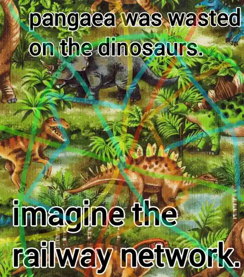 The image shows a colorful, dense illustration of various dinosaurs in a lush, prehistoric jungle setting. Overlaid text in…