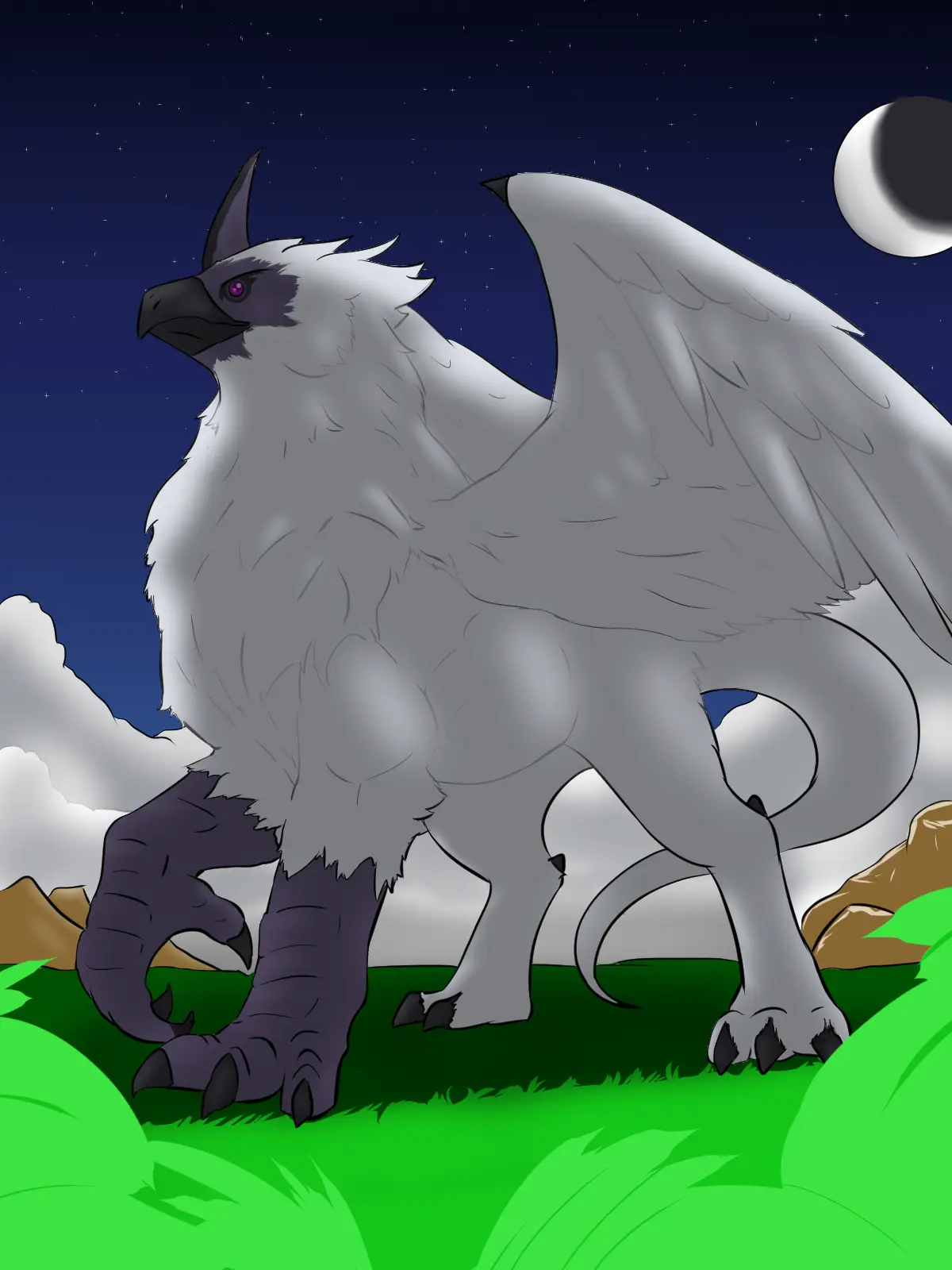A large, grey, winged creature with a bird's head, lion's body, and a long tail stands on green grass under a starry night…