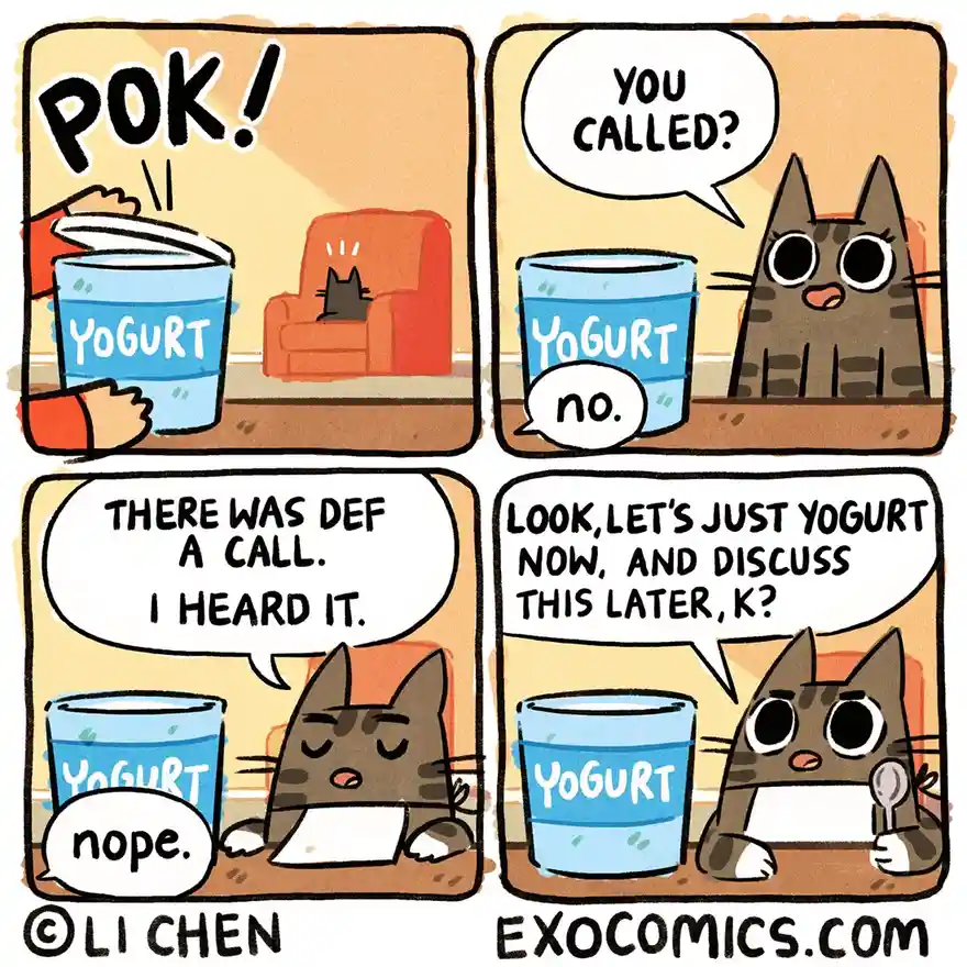 A four-panel comic strip featuring a brown tabby cat and a yogurt container. In the first panel, a hand pokes the yogurt…