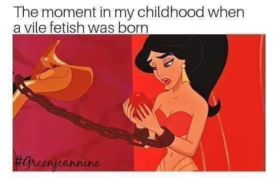 An image of Disney's Princess Jasmine holding a red apple while chained to a golden lamp, with the overlaid text 'The moment…