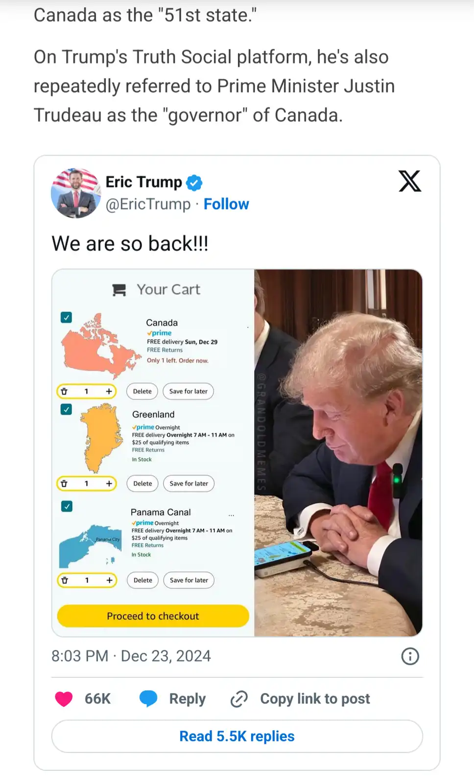 A screenshot of a tweet by Eric Trump shows a mock Amazon cart with Canada, Greenland, and the Panama Canal listed as…