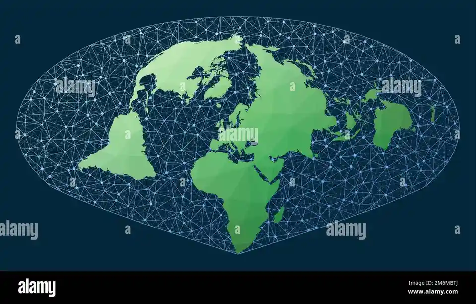 A stylized world map with green landmasses and a blue network of dots and lines connecting them, set against a dark blue…