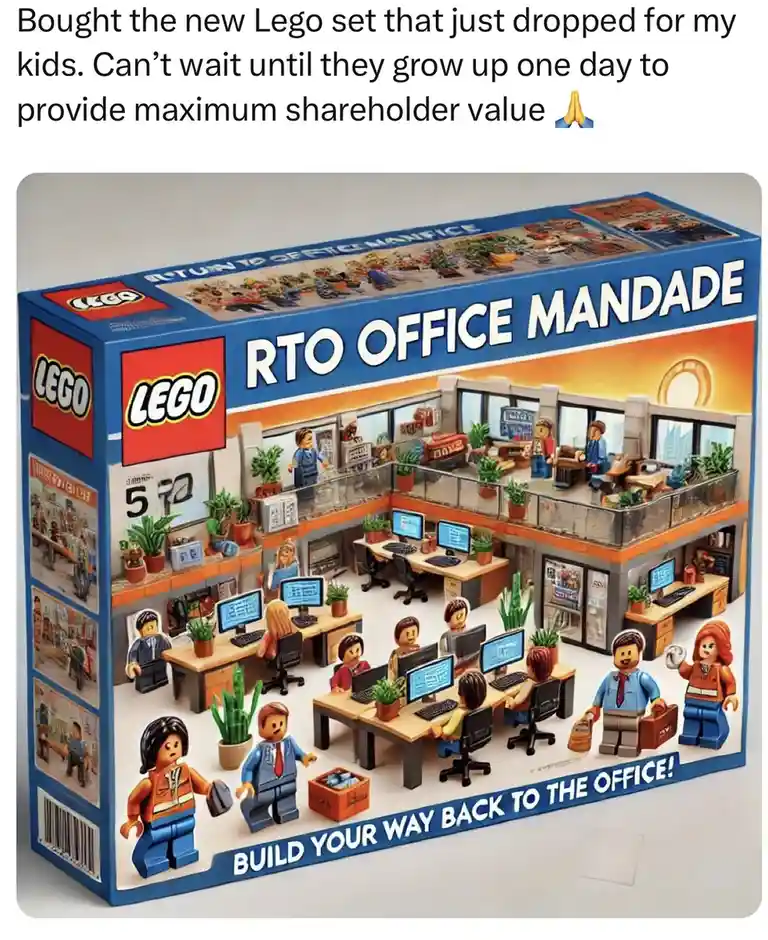 An image of a fictional LEGO set box labeled 'RTO OFFICE MANDADE' showing a detailed office scene with LEGO minifigures at…