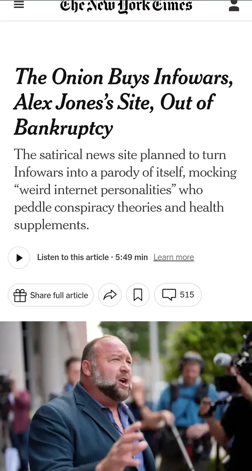 A screenshot of a New York Times article headline about The Onion buying Infowars, Alex Jones's site, out of bankruptcy. The…
