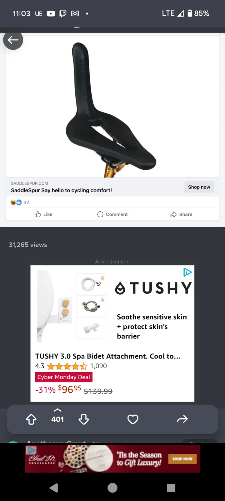 The image shows a screenshot of a social media post featuring a black SaddleSpur cycling seat, with overlaid text reading…
