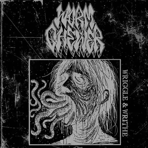 A black-and-white, gritty album cover for the band 'Worm Chewer' featuring a distorted, screaming human face with multiple…