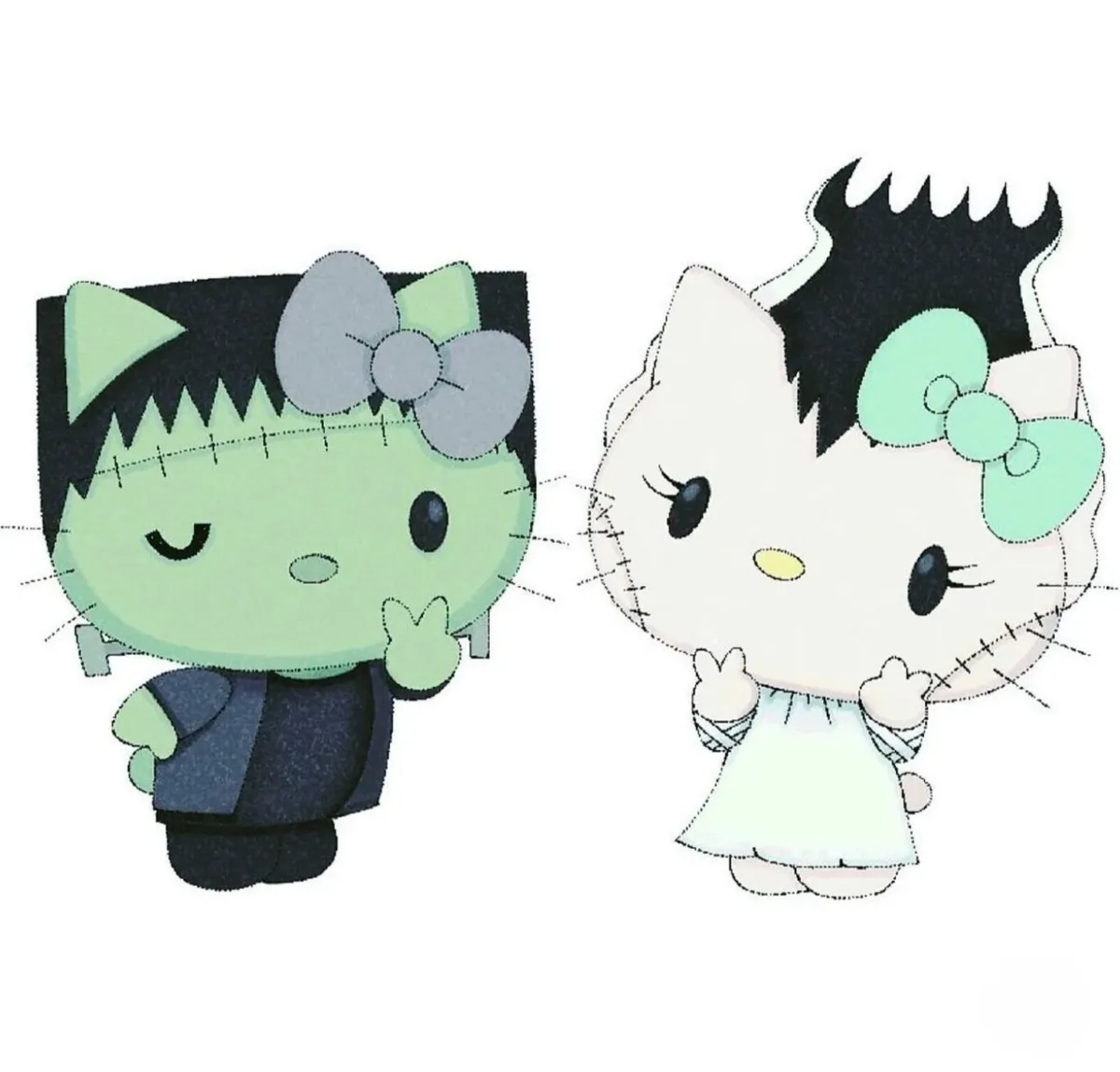 Two cartoon characters resembling Hello Kitty are depicted in a Halloween theme. The character on the left is green with…