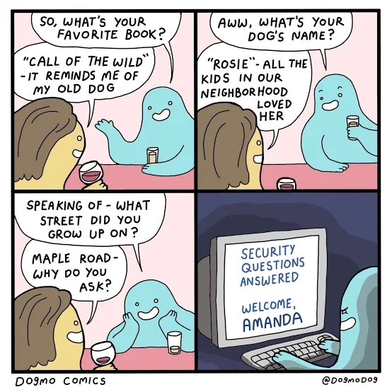 A four-panel comic strip shows a woman and a blue blob-like character chatting over drinks. The woman asks about favorite…