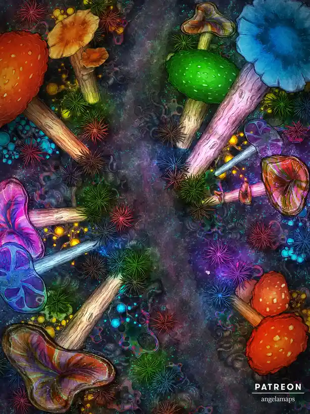 A vibrant, psychedelic illustration of numerous colorful mushrooms with varied cap shapes and stem textures, set against a…