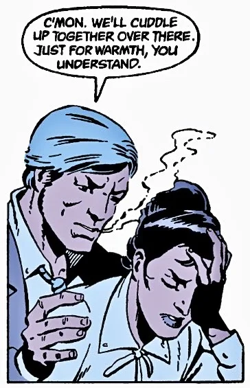 A comic panel shows a man in a blue headscarf and shirt leaning toward a woman in a similar outfit, who is holding her head…