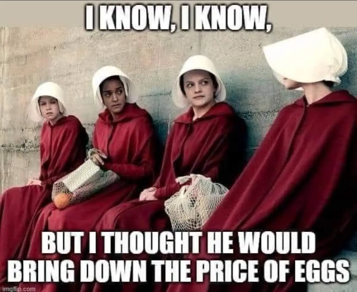 Four women in red robes and white bonnets sit against a concrete wall, holding mesh bags of eggs. The top text reads 'I…