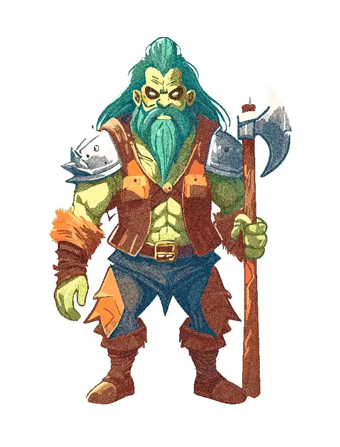 A green-skinned, muscular fantasy dwarf with a long teal beard and hair, wearing a brown vest, metal pauldrons, and…