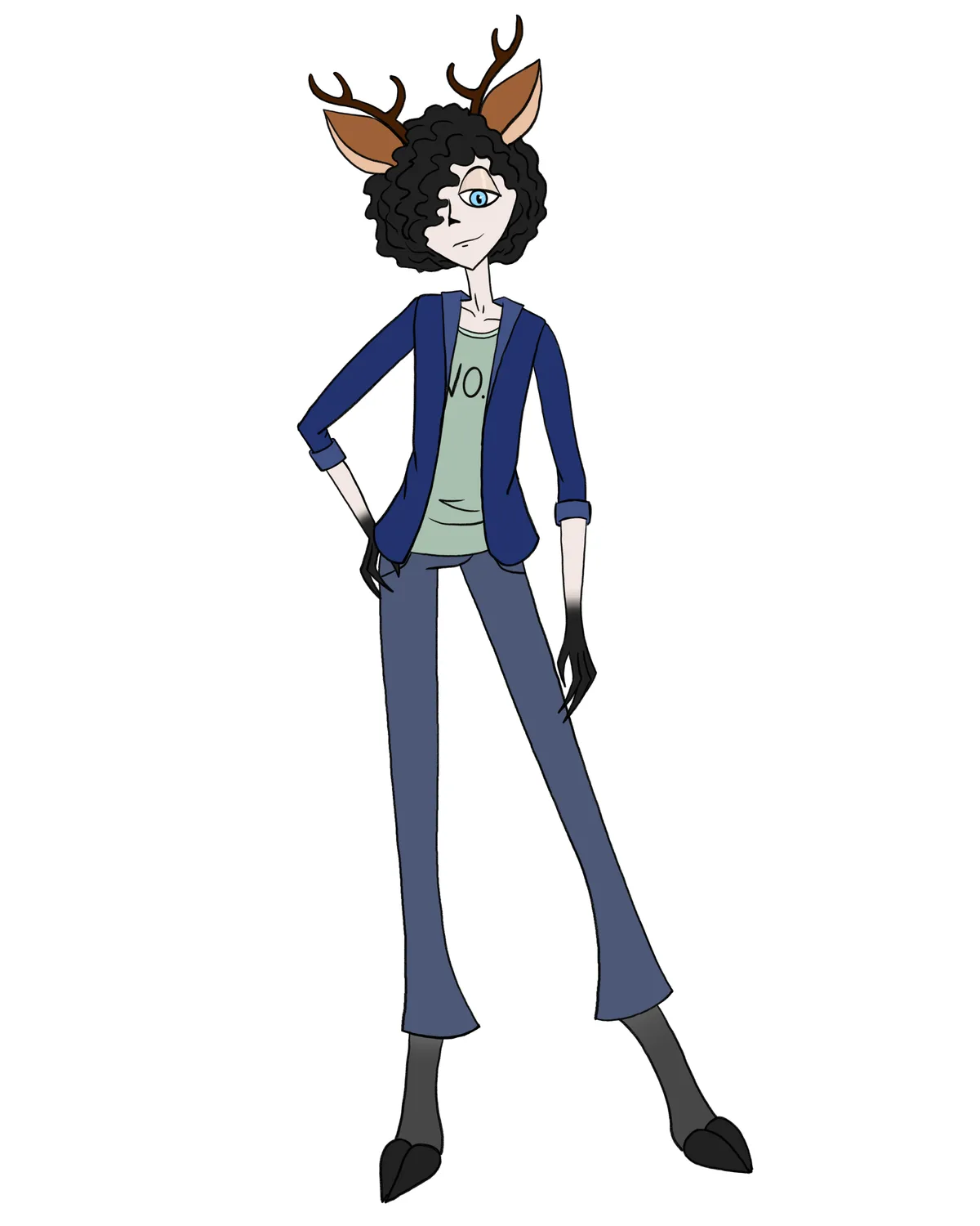 A cartoon deer-human hybrid with curly black hair, antlers, and deer hooves stands with one hand on hip, wearing a blue…