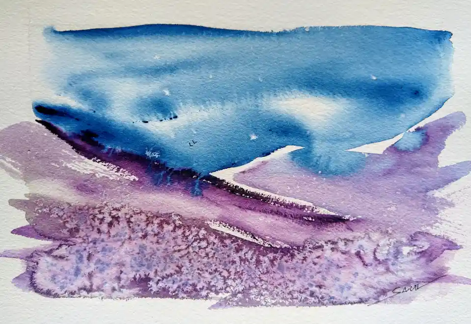 A watercolor painting depicts a stylized landscape with a blue sky and purple hills, featuring small black birds in flight…