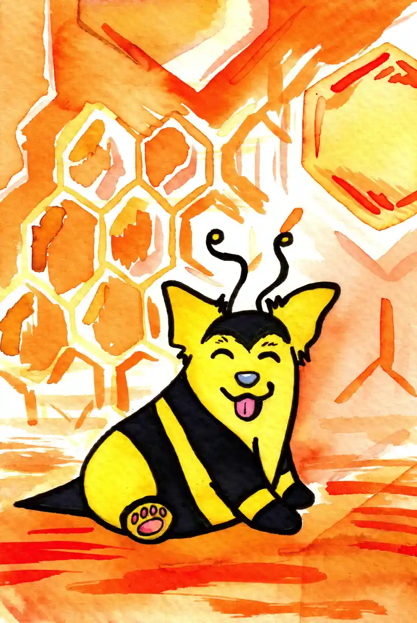 A cartoon dog with a yellow and black bee costume, including antennae, sits happily in front of a honeycomb background. The…