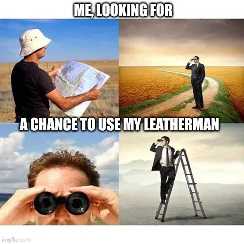 A four-panel image shows a man in a hat studying a map, a man in a suit looking into the distance on a path, a man using…